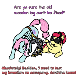 Size: 1100x1100 | Tagged: safe, artist:skelmach, kerfuffle, torque wrench, cyborg, earth pony, pegasus, pony, g4, my little pony: rainbow roadtrip, amputee, claws, dialogue, don'tcha know, duo, female, girly girl, goggles, looking back, mare, prone, prosthetic leg, prosthetic limb, prosthetics, safety goggles, tomboy, worried, wrench