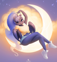 Size: 2362x2598 | Tagged: safe, artist:katputze, princess luna, alicorn, anthro, g4, clothes, crescent moon, ethereal mane, female, front knot midriff, high res, looking at you, mare, midriff, moon, shoes, sneakers, solo, starry mane, tangible heavenly object, transparent moon