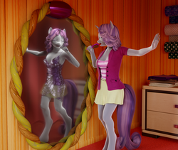 Size: 2560x2160 | Tagged: safe, artist:stellarator, sweetie belle, unicorn, anthro, unguligrade anthro, g4, 3d, altered reflection, armpits, blender, blender cycles, breasts, cleavage, clothes, dress, equestria girls outfit, eyes closed, fantasy, female, high res, jacket, mare, microphone, miniskirt, mirror, not sfm, older, older sweetie belle, sequins, singing, singing into microphone, skirt, solo