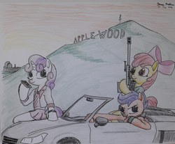 Size: 2963x2448 | Tagged: safe, artist:rockhoppr3, apple bloom, scootaloo, sweetie belle, pony, g4, applewood, car, cellphone, clothes, cutie mark crusaders, grand theft auto, gun, high res, obey 9f, phone, rifle, traditional art, weapon
