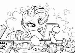 Size: 1662x1182 | Tagged: safe, artist:yewdee, rarity, pony, unicorn, g4, atg 2019, female, heart, lineart, makeup, mirror, monochrome, newbie artist training grounds, simple background, solo, white background