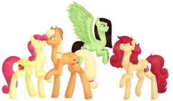 Size: 2600x1520 | Tagged: safe, artist:kookiebeatz, applejack, strawberry sunrise, oc, oc:apple berry, oc:white lilly, earth pony, pegasus, pony, icey-verse, applejack's hat, applerise, boop, chest fluff, cowboy hat, ear piercing, earring, eyeshadow, family, female, flying, freckles, glasses, hat, holding hooves, jewelry, lesbian, magical lesbian spawn, makeup, mare, mother and daughter, noseboop, offspring, parent:applejack, parent:strawberry sunrise, parents:applerise, piercing, raised hoof, shipping, siblings, simple background, sisters, tattoo, transparent background