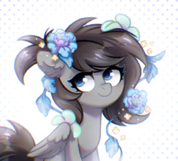 Size: 2750x2500 | Tagged: safe, artist:jumblehorse, oc, oc only, oc:fahrenheit, pegasus, pony, blushing, ear fluff, flower, flower in hair, high res, ponytail, sitting, solo, wings, ych result