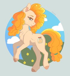 Size: 1480x1600 | Tagged: safe, artist:tanatos, pear butter, earth pony, pony, g4, chest fluff, circle background, cloud, cute, female, fluffy, green eyes, looking at you, mare, orange mane, pearabetes, sky, solo