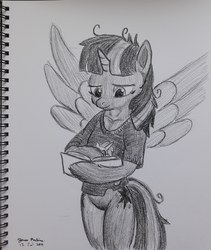 Size: 2448x2894 | Tagged: safe, artist:rockhoppr3, twilight sparkle, alicorn, semi-anthro, g4, arm hooves, book, bottomless, clothes, featureless crotch, female, high res, legs together, monochrome, nudity, partial nudity, shirt, solo, traditional art, twilight sparkle (alicorn)