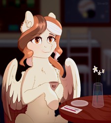 Size: 1437x1600 | Tagged: safe, artist:tanatos, oc, oc only, pony, chest fluff, coffee, coffee mug, cup, female, flower, fluffy, mare, mug, solo, table, vase, wings