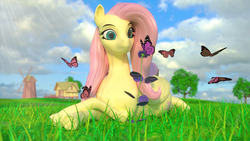 Size: 2560x1440 | Tagged: safe, artist:clopician, fluttershy, butterfly, pegasus, pony, g4, 3d, autodesk maya, female, grass, mare, meadow, nature, prone, scenery, solo