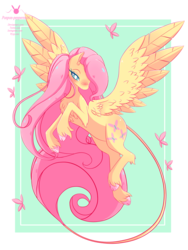Size: 3000x4000 | Tagged: safe, artist:ponpon-peppermint, fluttershy, butterfly, pegasus, pony, g4, blushing, chest fluff, cloven hooves, female, hair over one eye, leonine tail, mare, solo, spread wings, stray strand, three quarter view, turned head, unshorn fetlocks, wings