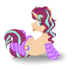 Size: 4584x4091 | Tagged: safe, artist:maximkoshe4ka, oc, oc only, oc:dusk fire (ice1517), pony, unicorn, icey-verse, clothes, heart eyes, lip piercing, magical lesbian spawn, male, nose piercing, offspring, parent:starlight glimmer, parent:sunset shimmer, parents:shimmerglimmer, piercing, raised leg, simple background, sitting, socks, solo, stallion, striped socks, tongue out, transparent background, wingding eyes, ych result