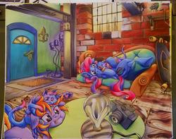 Size: 900x708 | Tagged: safe, artist:muffyn-man, oc, oc only, oc:blueberry, oc:plushberry, cat, earth pony, pegasus, pony, camera, couch, skateboard, traditional art