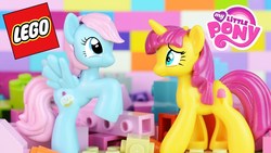 Size: 1280x720 | Tagged: safe, artist:mlp fever, sweetcream scoops, sweetie blue, pegasus, pony, unicorn, g4, bootleg, bootleg lego, irl, lego, my little lony, my little pony logo, pegasus sweetie blue, photo, toy, toy channel animations, youtube link