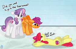 Size: 1870x1210 | Tagged: safe, artist:rainbow eevee, apple bloom, scootaloo, sweetie belle, pegasus, pony, unicorn, g4, atg 2019, brick wall, crumpled, cute, cutie mark crusaders, dialogue, female, filly, lying down, newbie artist training grounds, on back, simple background, talking, text, unamused, underhoof, worried