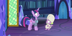 Size: 1320x657 | Tagged: safe, screencap, spike, twilight sparkle, alicorn, dragon, pony, a trivial pursuit, g4, clothes, grin, hat, horn, looking at each other, nightcap, nightshirt, pajamas, shrunken pupils, smiling, twilight sparkle (alicorn), twilighting, winged spike, wings