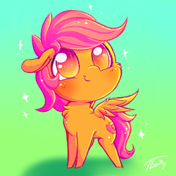 Size: 1500x1500 | Tagged: safe, artist:tamabel, scootaloo, pegasus, pony, g4, blushing, cheek fluff, chest fluff, chibi, colored pupils, cute, cutealoo, ear fluff, female, filly, floppy ears, gradient background, leg fluff, needs more saturation, smiling, solo, sparkles, spread wings, standing, wings
