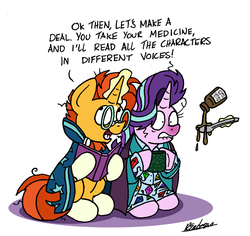 Size: 4603x4348 | Tagged: safe, artist:bobthedalek, starlight glimmer, sunburst, pony, g4, atg 2019, bathrobe, blanket, book, caring for the sick, clothes, medicine, messy mane, newbie artist training grounds, pajamas, red nosed, robe, sick, spoon