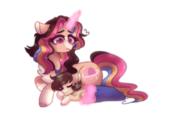 Size: 1280x866 | Tagged: safe, artist:moon-rose-rosie, oc, oc only, oc:melanie (moon-rose-rosie), pony, unicorn, blanket, coat markings, colt, duo, facial markings, female, horn, looking at someone, magic, magic aura, male, mare, prone, simple background, sleeping, snip (coat marking), socks (coat markings), star (coat marking), transparent background, unicorn oc
