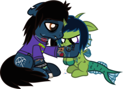 Size: 1163x840 | Tagged: safe, artist:lightningbolt, derpibooru exclusive, oc, oc:demon hellspawn, half-siren, hybrid, pony, undead, zombie, zombie pony, g4, .svg available, angry, baby, bags under eyes, biting, blood, bloodshot eyes, bone, bored, bring me the horizon, clothes, colored blood, colored pupils, colt, curved horn, dripping blood, drop dead clothing, duo, fangs, fins, fish tail, floppy ears, horn, interspecies offspring, jewelry, lidded eyes, lip piercing, magical gay spawn, male, necklace, offspring, oliver sykes, piercing, ponified, rainbow blood, scales, scar, shirt, show accurate, simple background, sitting, slit pupils, stitches, svg, t-shirt, tattoo, torn ear, transparent background, vector, wristband
