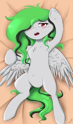 Size: 1270x2160 | Tagged: safe, artist:tavifly, oc, oc only, oc:nuclear integrity, pegasus, pony, bedroom eyes, blushing, chest fluff, female, fluffy, green mane, lying on bed, mare, on back, open mouth, red eyes, solo, wings