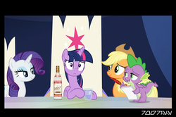 Size: 640x426 | Tagged: safe, edit, edited screencap, editor:teren rogriss, screencap, applejack, rarity, spike, twilight sparkle, alicorn, dragon, earth pony, pony, unicorn, g4, the beginning of the end, alcohol, bottle, cowboy hat, female, hat, hooves, horn, mare, quill, smiling, stolichnaya, twilight sparkle (alicorn), twilight's castle, vodka, winged spike, wings