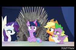 Size: 640x426 | Tagged: safe, edit, edited screencap, editor:teren rogriss, screencap, applejack, rarity, spike, twilight sparkle, alicorn, dragon, earth pony, pony, unicorn, g4, the beginning of the end, cowboy hat, female, game of thrones, hat, hooves, horn, iron throne, mare, quill, smiling, the iron throne, twilight sparkle (alicorn), twilight's castle, winged spike, wings