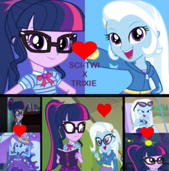 Size: 1566x1584 | Tagged: safe, edit, edited screencap, screencap, sci-twi, snips, trixie, twilight sparkle, best trends forever, equestria girls, equestria girls series, forgotten friendship, g4, my little pony equestria girls: friendship games, my little pony equestria girls: rainbow rocks, best trends forever: twilight sparkle, collage, cyoa, female, geode of telekinesis, lesbian, magical geodes, ship:sci-twixie, ship:twixie, shipping, shipping domino