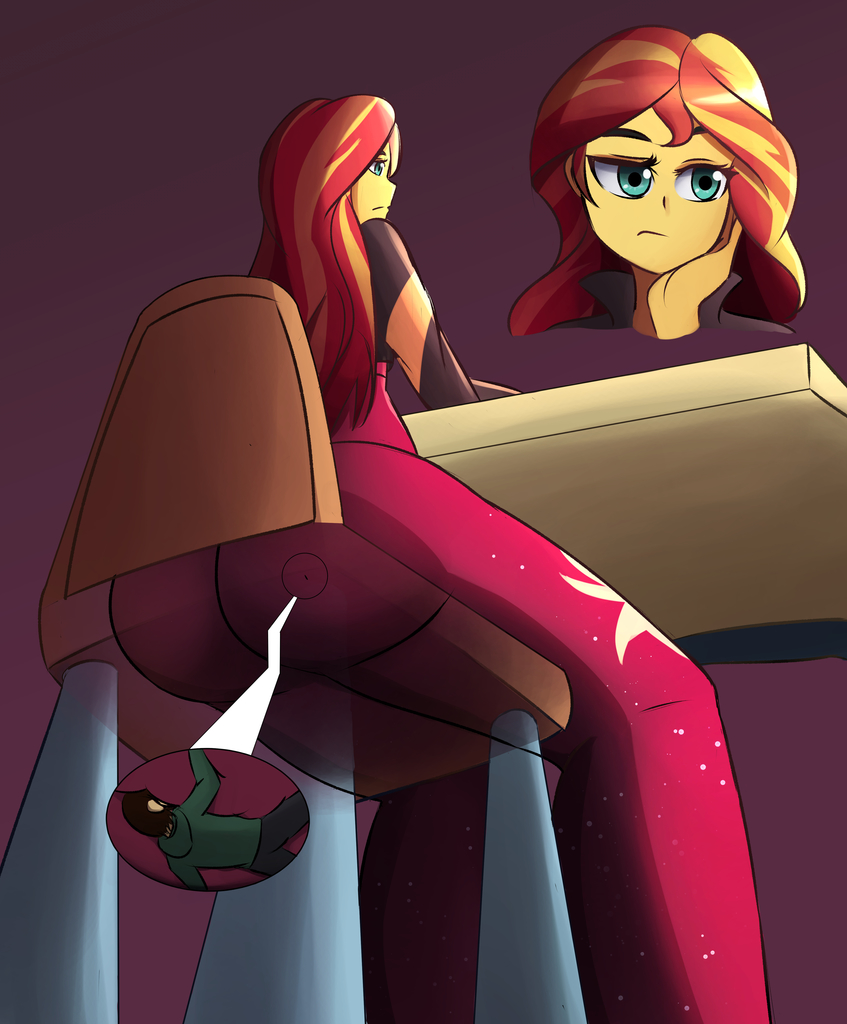 2091044 - suggestive, artist:charlydibulol, sunset shimmer, human,  equestria girls, absurd resolution, bunset shimmer, chair, clothes, female,  human male, jacket, male, micro, pants, shrunk, sitting, size difference -  Derpibooru