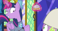 Size: 1292x688 | Tagged: safe, screencap, spike, twilight sparkle, alicorn, dragon, pony, a trivial pursuit, g4, bell, clothes, cropped, devious, duo, faic, grin, hat, horn, levitation, looking at each other, magic, nightcap, nightshirt, pajamas, raised hoof, shrunken pupils, smiling, telekinesis, twilight sparkle (alicorn), winged spike, wings