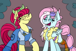 Size: 2644x1772 | Tagged: safe, artist:cowsrtasty, kerfuffle, torque wrench, earth pony, pegasus, pony, g4, rainbow roadtrip, amputee, clothes, duo, female, happy, mare, overalls, pincushion, prosthetic leg, prosthetic limb, prosthetics, smiling, vest