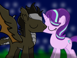 Size: 1072x803 | Tagged: safe, artist:grapefruitface1, artist:katsubases, artist:longshotswiftshadow, starlight glimmer, oc, oc:draco k-night blaze, kirin, pony, g4, base used, canon x oc, eyes closed, female, kissing, male, night, requested art, shipping, show accurate, starlaco, straight, wings