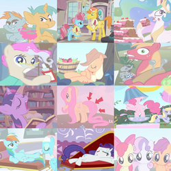 Size: 960x960 | Tagged: safe, edit, edited screencap, screencap, apple bloom, applejack, big macintosh, carrot cake, cloud kicker, cup cake, fluttershy, lotus blossom, mayor mare, pinkie pie, pound cake, princess celestia, pumpkin cake, rainbow dash, rarity, scootaloo, smarty pants, snails, snips, sweetie belle, twilight sparkle, alicorn, earth pony, pegasus, pony, unicorn, g4, ponyville confidential, season 2, apple, apple tree, applejack's hat, arrow, baby, baby pony, balloon, big macintosh's yoke, book, bow, bubblegum, butt, cake, cakelestia, cowboy hat, cropped, crying, cutie mark crusaders, dancing, fainting couch, female, filly, food, gabby gums, golden oaks library, gum, hair bow, hair dye, hat, horn, horse collar, mare, non-dyed mayor, party animal, pink hair, plot, punch (drink), punch bowl, sad, sleeping, smiling, snobby, spa, spa pony, spread wings, tail extensions, tree, unicorn twilight, wings, yoke