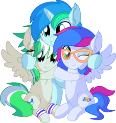 Size: 6967x7345 | Tagged: safe, artist:cyanlightning, oc, oc:azure lightning, oc:cyan lightning, oc:emerald lightning, pegasus, pony, unicorn, .svg available, absurd resolution, blushing, brother and sister, clothes, colt, cute, ear fluff, female, filly, glasses, hug, leg warmers, lidded eyes, male, ocbetes, scarf, siblings, simple background, smiling, spread wings, transparent background, trio, vector, wings