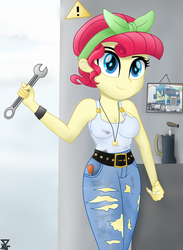 Size: 2000x2730 | Tagged: safe, artist:theretroart88, torque wrench, equestria girls, g4, my little pony: rainbow roadtrip, breasts, busty torque wrench, clothes, denim, equestria girls-ified, female, grease, heart necklace, high res, hips, jeans, kenworth, kenworth k100, mechanic, pants, red hair, screwdriver, semi truck, smiling, solo, tomboy, wide hips, wrench