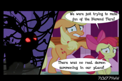 Size: 640x426 | Tagged: safe, edit, edited screencap, editor:teren rogriss, screencap, apple bloom, applejack, the great seedling, demon, earth pony, pony, g4, going to seed, abuse, bow, butt, comic, cutie mark, female, filly, floppy ears, foal abuse, gritted teeth, hair bow, hooves, mare, plot, screencap comic, sweet apple acres, terrified