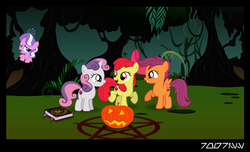 Size: 640x388 | Tagged: safe, edit, edited screencap, editor:teren rogriss, screencap, apple bloom, diamond tiara, scootaloo, sweetie belle, earth pony, pegasus, pony, unicorn, g4, book, bow, cutie mark, cutie mark crusaders, everfree forest, female, filly, foal, forest, grin, hair bow, halloween, holiday, hooves, horn, jack-o-lantern, open mouth, pentagram, pumpkin, raised hoof, ritual, smiling, spread wings, the cmc's cutie marks, tree, wings