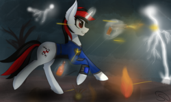 Size: 2000x1200 | Tagged: safe, artist:stravy_vox, oc, oc only, oc:blackjack, pony, unicorn, fallout equestria, fallout equestria: project horizons, bottle, clothes, cloud, cloudy, cutie mark, dead tree, fanfic, fanfic art, female, fire, glowing horn, grin, gun, handgun, hooves, horn, jumpsuit, levitation, lightning, magic, mare, pipbuck, rain, running, shooting, smiling, solo, telekinesis, tree, vault suit, wasteland, weapon