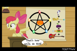 Size: 640x426 | Tagged: safe, edit, edited screencap, editor:teren rogriss, screencap, apple bloom, earth pony, pony, g4, clubhouse, dialogue, female, filly, foal, hooves, open mouth, pentagram, ritual, solo, speech bubble, this will end in possession, this will not end well