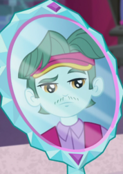 Size: 479x673 | Tagged: safe, screencap, brim marco, human, equestria girls, equestria girls specials, g4, my little pony equestria girls: mirror magic, background human, cap, cropped, hat, male, mirror, reflection, solo