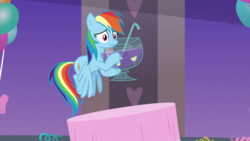 Size: 1920x1080 | Tagged: safe, screencap, rainbow dash, pegasus, pony, g4, she's all yak, female, holding, mare, punch (drink), punch bowl, solo