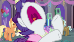 Size: 1920x1080 | Tagged: safe, screencap, rarity, pony, unicorn, g4, she's all yak, background pony, butt, female, mare, marshmelodrama, mawshot, nose in the air, open mouth, plot, screaming, uvula