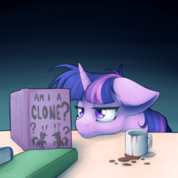 Size: 2000x2000 | Tagged: safe, artist:ohemo, twilight sparkle, alicorn, pony, g4, atg 2019, bags under eyes, book, coffee, female, floppy ears, high res, mare, messy mane, newbie artist training grounds, reading, solo, tired, twilight sparkle (alicorn)