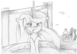 Size: 6928x4848 | Tagged: safe, artist:fladdrarblyg, princess celestia, alicorn, pony, g4, absurd resolution, atg 2019, backwards thermometer, bed, female, floppy ears, mare, monochrome, newbie artist training grounds, sick, solo, thermometer, traditional art