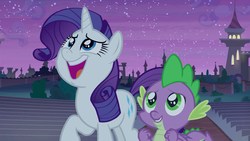 Size: 1920x1080 | Tagged: safe, screencap, rarity, spike, dragon, pony, unicorn, g4, the summer sun setback, canterlot, cute, female, happy, male, mare, open mouth, raribetes, spikabetes, winged spike, wings