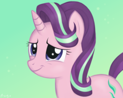Size: 2414x1920 | Tagged: safe, artist:fladdrarblyg, starlight glimmer, pony, g4, colored, female, green background, mare, simple background, smiling, solo