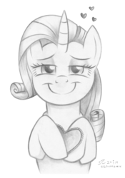 Size: 1347x1920 | Tagged: safe, artist:fladdrarblyg, rarity, pony, g4, atg 2019, female, floating heart, heart, lidded eyes, looking at you, monochrome, newbie artist training grounds, secret admirer, smiling, solo, traditional art