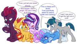 Size: 3526x2009 | Tagged: safe, artist:chub-wub, starlight glimmer, stygian, sunset shimmer, tempest shadow, trixie, pony, unicorn, g4, counterparts, dialogue, drink, eye scar, female, floppy ears, food, high res, male, mare, scar, simple background, soda, speech bubble, stallion, that pony sure does love peanut butter crackers, transparent background, twilight's counterparts