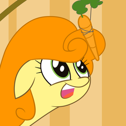 Size: 1440x1440 | Tagged: safe, artist:greenhoof, carrot top, golden harvest, earth pony, pony, g4, carrot, dangling, female, floppy ears, food, mare, solo
