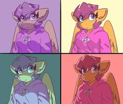 Size: 972x822 | Tagged: safe, artist:synnibear03, scootaloo, pegasus, anthro, g4, andy warhol, clothes, cutie mark, cutie mark on clothes, female, hoodie, lighting, solo, the cmc's cutie marks, wings