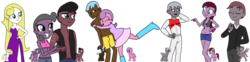 Size: 1280x317 | Tagged: safe, artist:didgereethebrony, oc, oc:gentle ace, oc:gleaming grace, oc:gleaming spear, oc:mythical glow, oc:mythical shine, oc:spirit bliss, oc:spirit flash, oc:streak ace, alicorn, earth pony, pegasus, pony, unicorn, equestria girls, g4, belly button, belt, breasts, cleavage, clothes, dress, equestria girls-ified, hug, jeans, leather vest, lifejacket, long hair, octuplets, offspring, offspring's offspring, pants, parent:oc:shimmering glow, parent:princess flurry heart, parents:canon x oc, race driver, side slit, suit, swimming trunks, swimsuit, tattoo, tuxedo, underboob