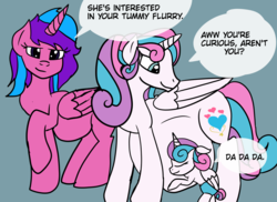 Size: 1049x762 | Tagged: safe, artist:fireboltpug, princess flurry heart, oc, oc:melody aurora, alicorn, pony, g4, adult, alicorn oc, baby, baby flurry heart, belly, cousins, dialogue, diaper, eyes closed, female, impossibly large belly, looking down, mama flurry, multiple pregnancy, offspring, older, older flurry heart, parent:flash sentry, parent:twilight sparkle, parents:flashlight, pregnant, self paradox, self ponidox, time paradox, trio, trio female