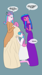 Size: 2340x4160 | Tagged: safe, artist:fireboltpug, princess flurry heart, oc, oc:melody aurora, equestria girls, g4, my little pony equestria girls: better together, adult, cousins, dialogue, equestria girls-ified, eyes closed, female, hairclip, looking down, mama flurry, multiple pregnancy, offspring, older, older flurry heart, parent:flash sentry, parent:twilight sparkle, parents:flashlight, pregnant, pregnant equestria girls, self paradox, stool, time paradox, toddler, trio, trio female